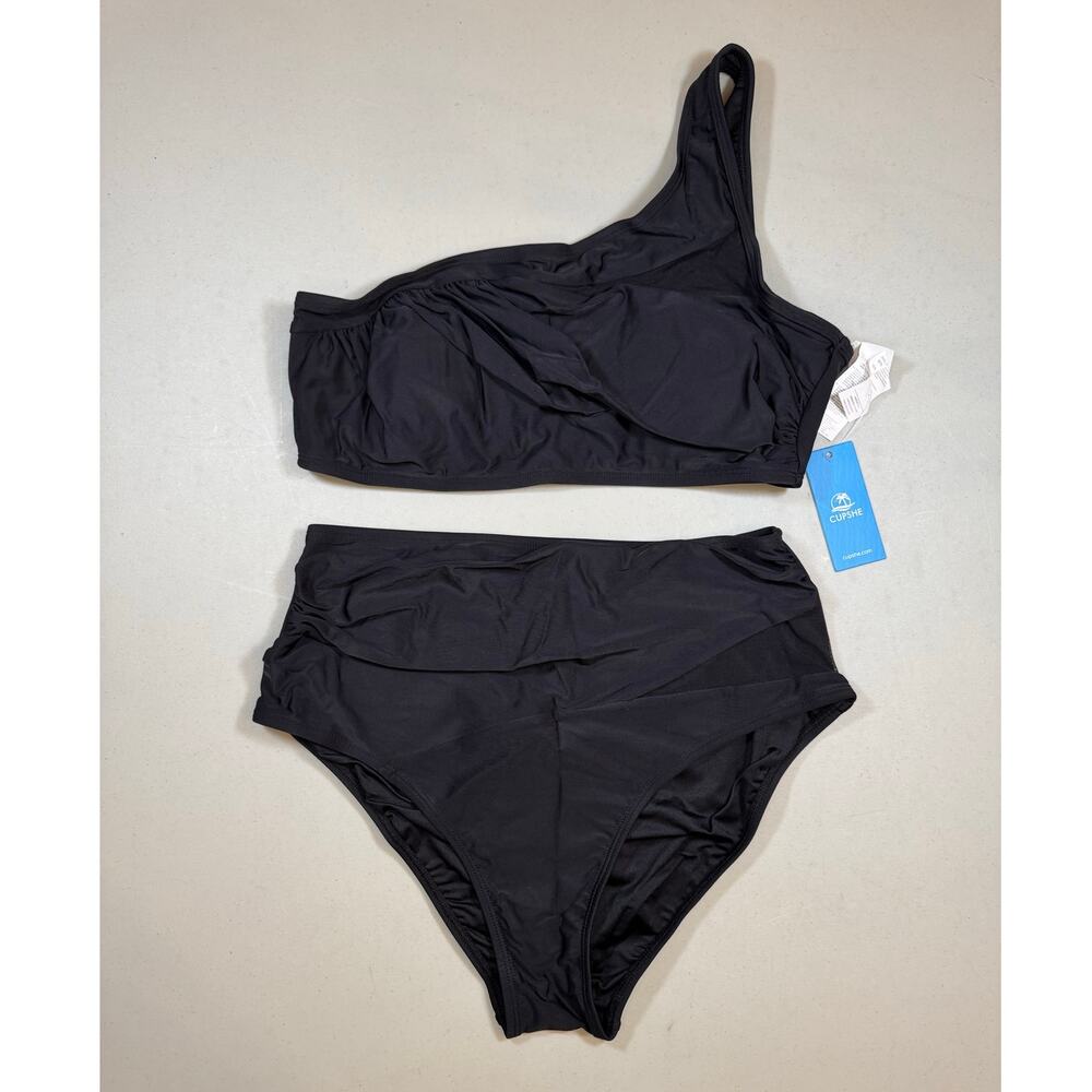 NWT Cupshe Black One‎ Shoulder Bikini Set Size L High Waist Swimsuit